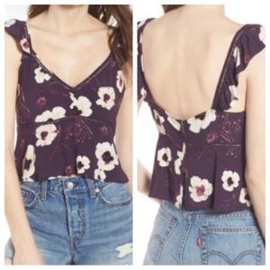Leith Purple and Ivory Floral Ruffle Crop Tank